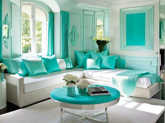 Teal living room with couch