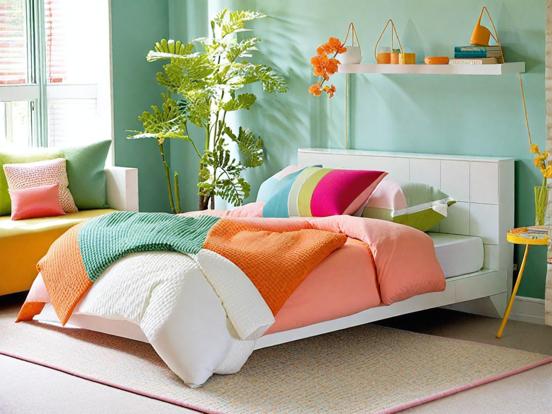 Bright colorful bed green room