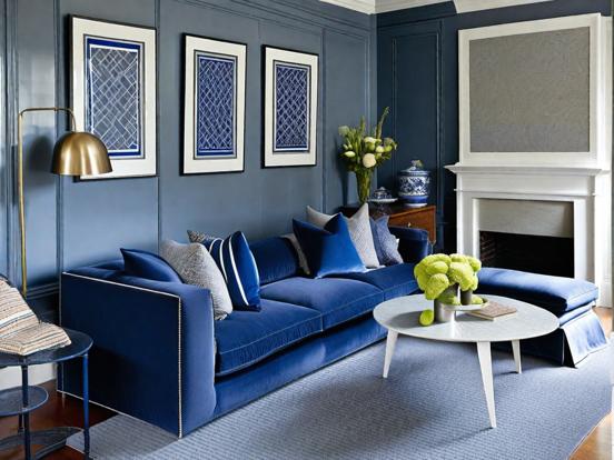 Blue couch living room fireplace