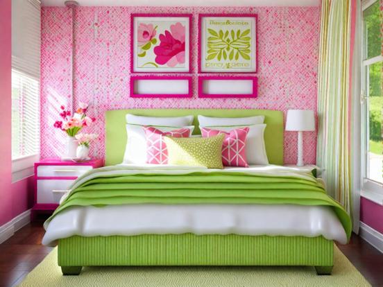 Bright pink green girly bedroom