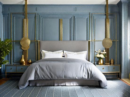 Blue gold bed closeup decor