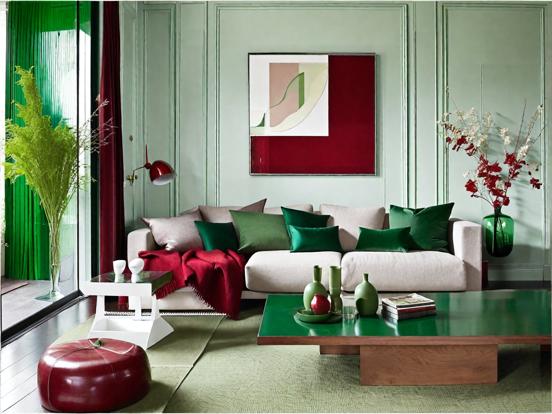 Green & red living room