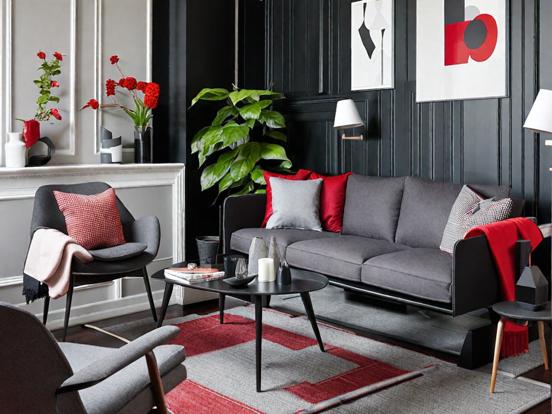 Cozy room gray couch red accents