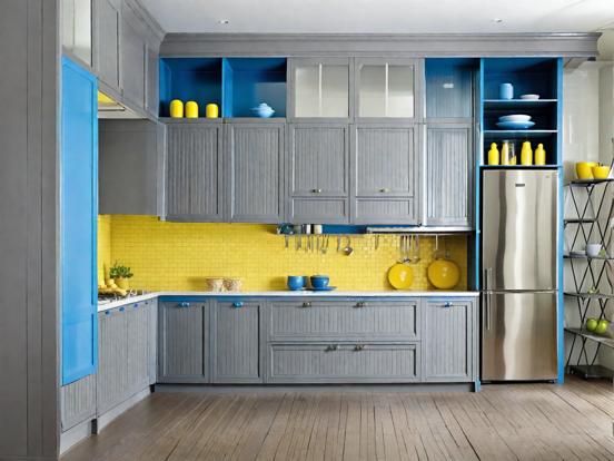 Blue yellow kitchen closeup