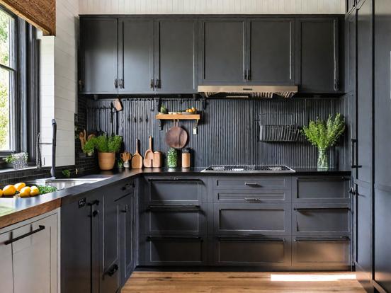 Dark kitchen sink stove setup