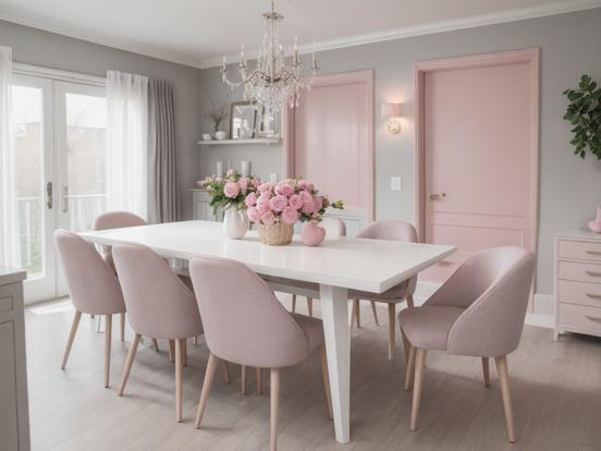 White table pink chairs vase