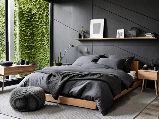 Cozy bed with black comforter