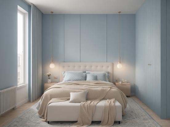 Blue white bedroom with bench