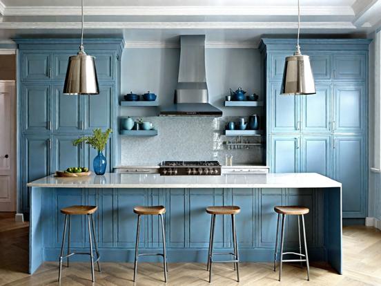 Blue kitchen island stove luxe