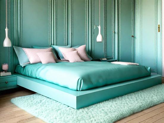 Teal bedroom bed green wall