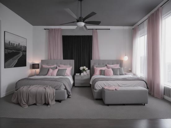 Pink grey twin bed fan room