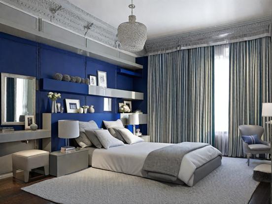 Blue bedroom white bed bright