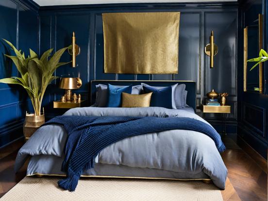 Blue gold bed closeup decor