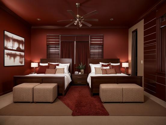 Cozy dual bed room red brown hues