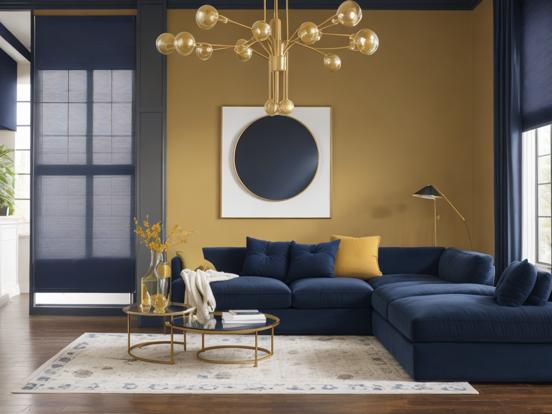 Blue couch gold table room