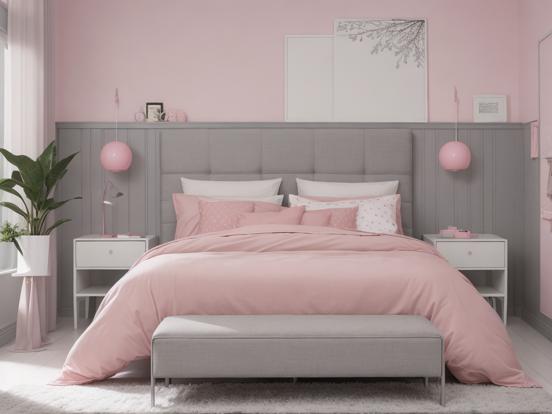 Pink gray girly bedroom 3D render