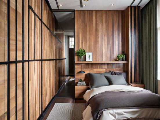 Cozy wooden bedroom closeup