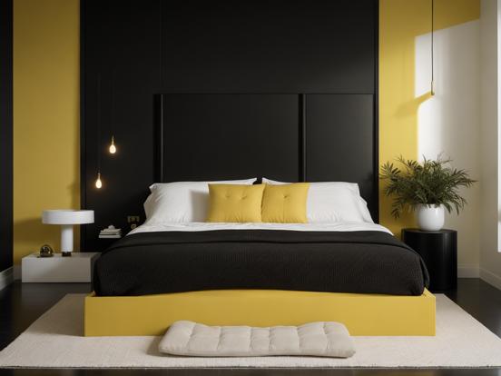 Bed black headboard yellow pillows