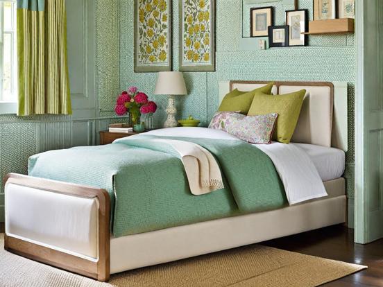 Green Arafed bed serene room