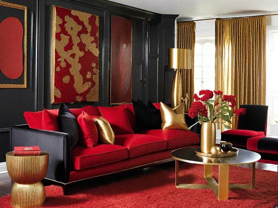 Bright red gold living room