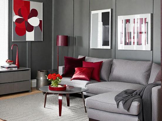 Gray couch red pillows room