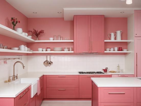 Pink kitchen closeup white tops