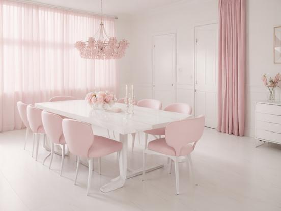 White table pink chairs room