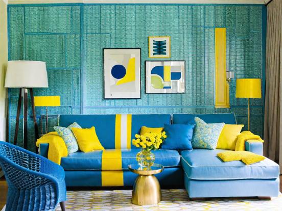 Blue couch yellow accents room