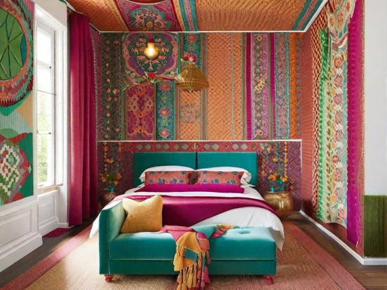 Bright colorful maximalist bedroom