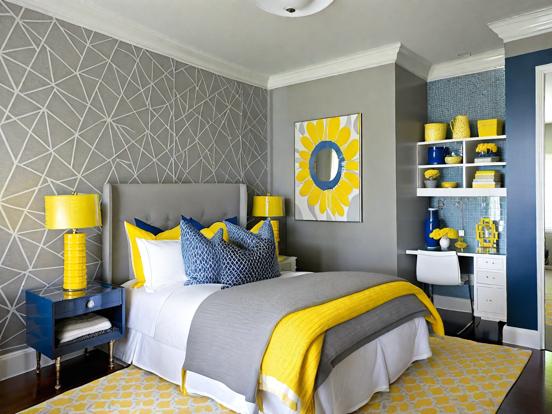 Bed with yellow gray blue accents