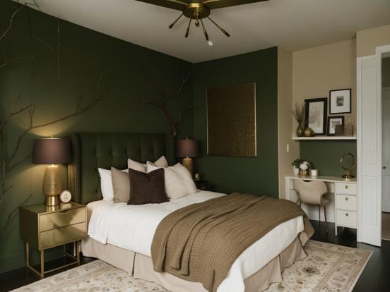 Cozy green gold toned bedroom