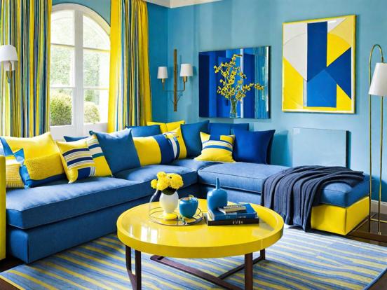 Blue yellow living room decor