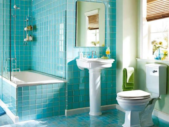 Blue tiled bathroom white fixtures