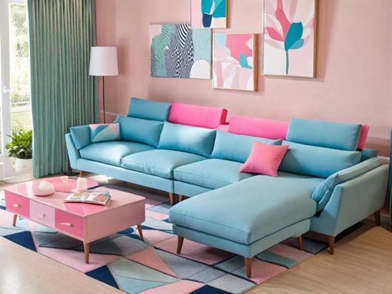 Bright blue couch pink table