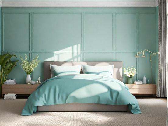 Teal bedroom bed plant decor