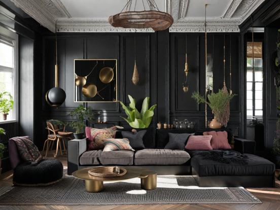 Dark moody living room setup