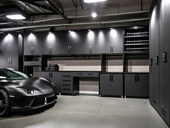 Matte black car in dark garage