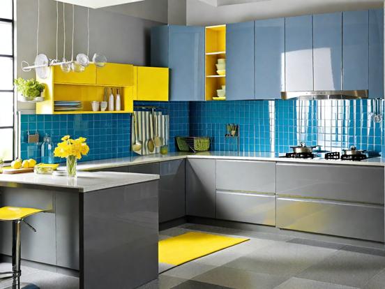 Modern kitchen blue yellow hues