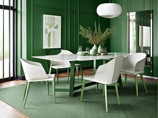 Green table chairs vase setup