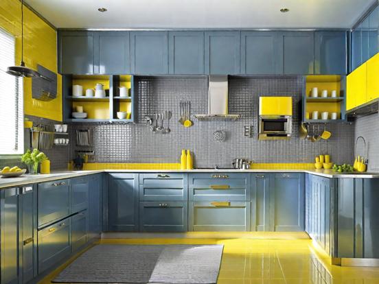 Bright blue yellow kitchen