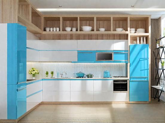 Blue fridge white kitchen luxe