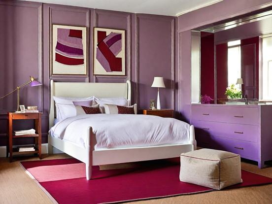 Purple bedroom white bed rug