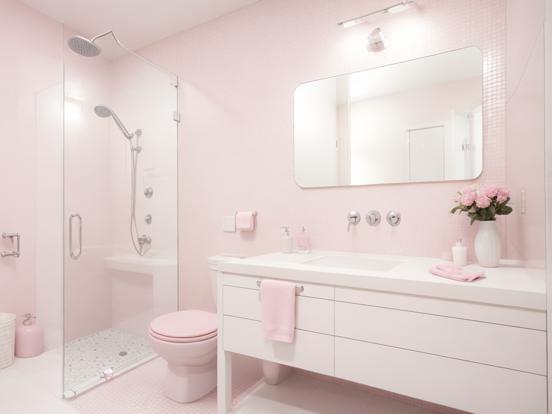 Pink bathroom white vanity bath