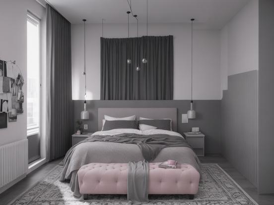 Pink bed and ottoman in room