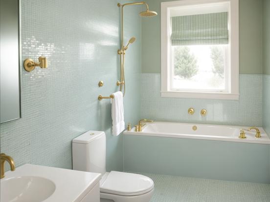 Gold teal bathroom with fixtures