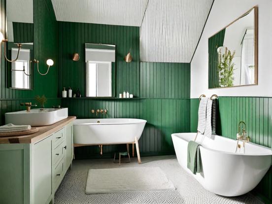 Green bathroom tub sink gold accents