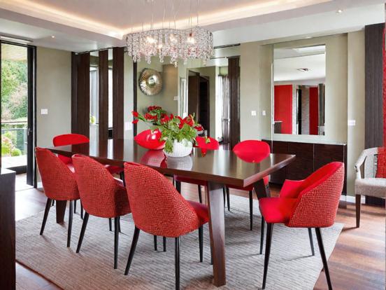 Red dining table and chairs