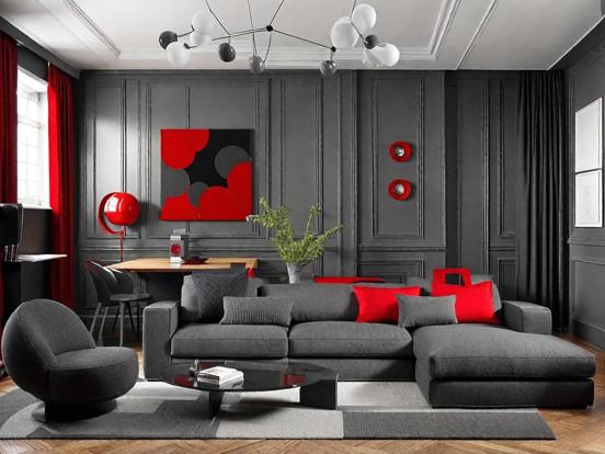 Living room with red black decor