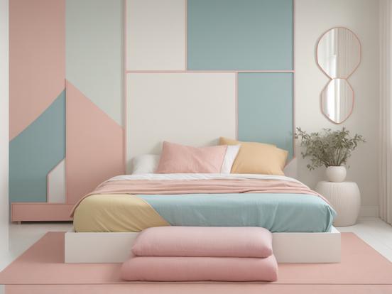 Bed with multicolor pastel blanket