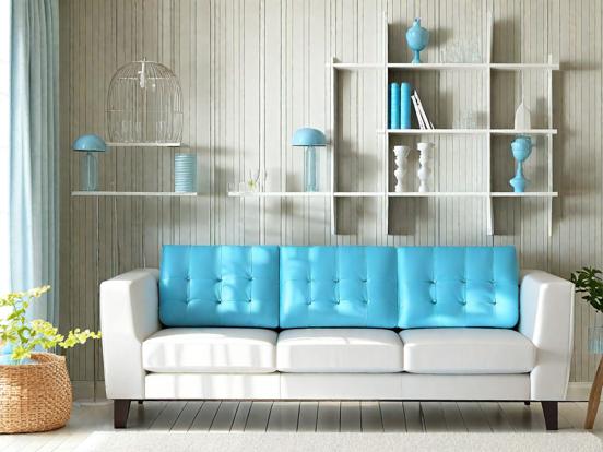 Closeup of blue white couch